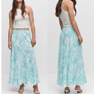 MNG by MANGO Floral Maxi Skirt Turquoise Flowy Elastic Waist S/M NEW